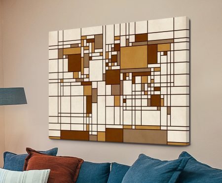 Mondrian-style world map in warm browns, tan and cream geometric blocks