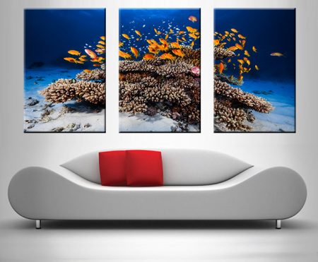 Coral Reef Triptych canvas print, modern gallery artwork ready to hang