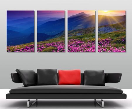 Four-panel canvas print of pink fields, soft rosy meadow tones