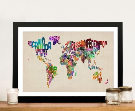 Text Map World framed print, contemporary statement artwork