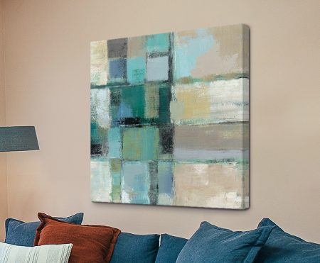 Island Hues Crop II by Silvia Vassileva, an abstract grid of teal, aqua, beige, grey and cream brushed blocks with a textured finish