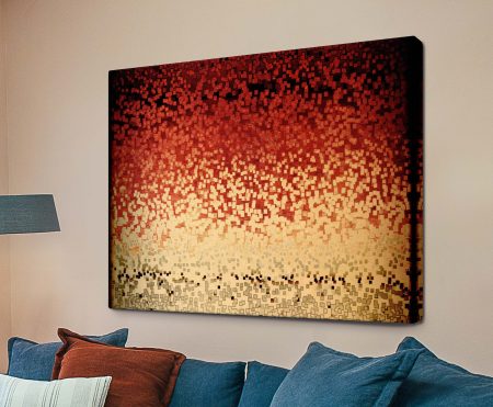Matthew 24 abstract pixel canvas fading from deep red at the top to soft cream below