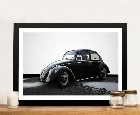 VW Beetle in black and white, retro car art for a WA room