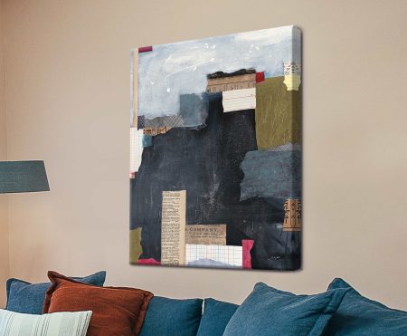 Block Abstract II mixed media collage with overlapping navy, olive and grey shapes
