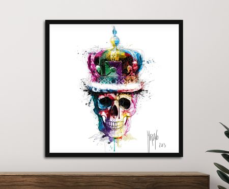 Patrice Murciano God Save the Queen colourful skull and crown framed art print above timber sideboard