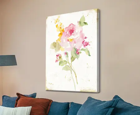 Danhui Nai Midsummer Gold I watercolour rose modern art print on stretched canvas above a navy lounge