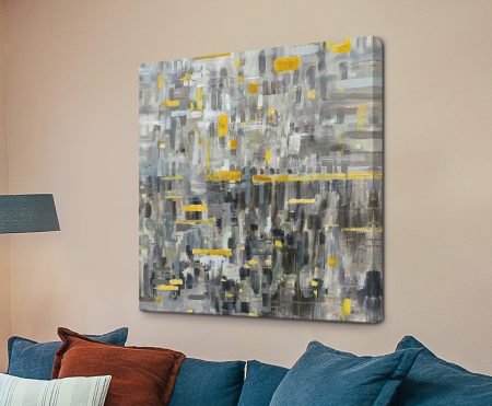 Reflections Square abstract art with layered grey, charcoal and mustard yellow brushstrokes