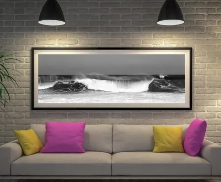 Panoramic black and white canvas of ocean waves, cool monochrome palette for a coastal lounge