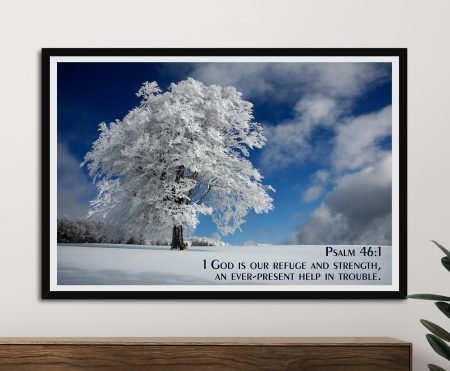 Psalm 46:1 scripture wall art in clean modern lettering, a calm Christian typographic print.