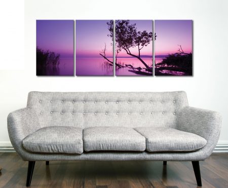 Four-panel canvas print of a purple sunset shore, gentle violet coastal tones