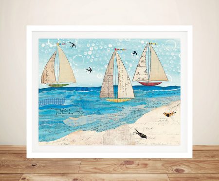 Framed print of Sailing the Seas, soft sailboats on calm blue water