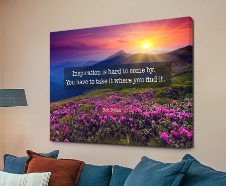 Inspiration Is Hard to Come By quote on canvas with mountain sunrise