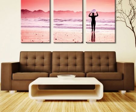 Three-panel canvas print of pink-hued surf, soft rosy wave tones