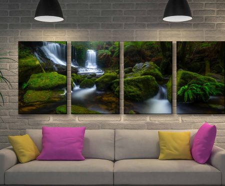 Serene Falls four-panel landscape of a gentle waterfall flowing through misty forest greenery