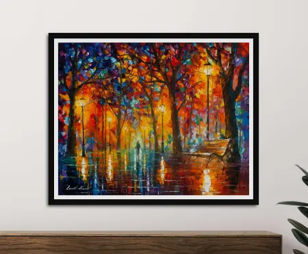 Leonid Afremov Bench of Patience modern art print framed in black above timber console