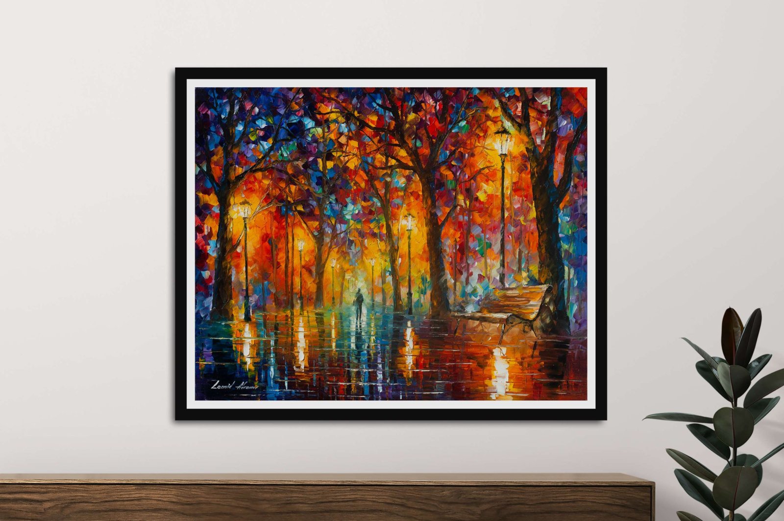 Leonid Afremov Bench of Patience modern art print framed in black above timber console