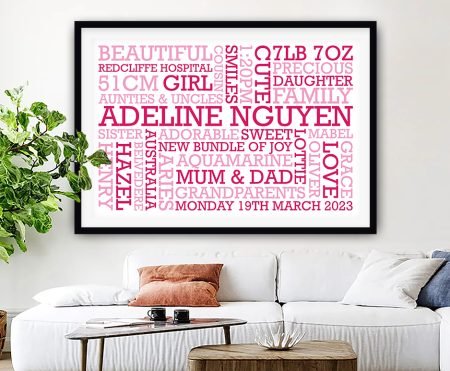 New Baby word art, baby girl's name and details in a soft pastel typographic keepsake design