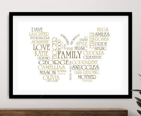 Bespoke Butterfly personalised word art framed print formed from chosen names