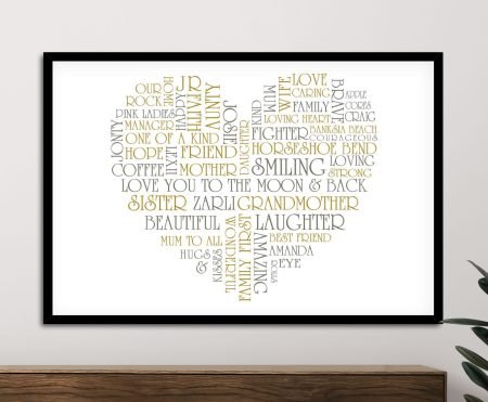 Bespoke Hearts personalised print, names or dates set within soft romantic heart forms.