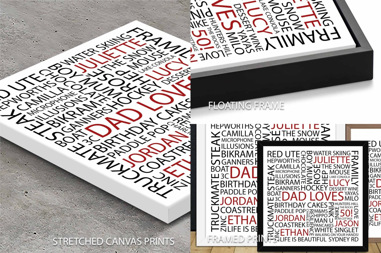 Classic Square personalised word art with custom names and details