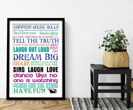 Framed House Rules print, a typographic list of family house rules