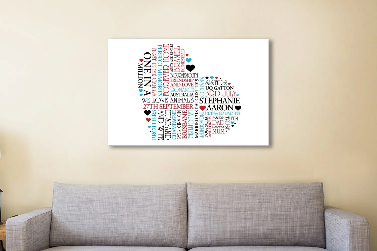 Personalised heart art, soft romantic tones for a WA bedroom