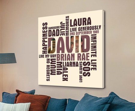Personalised photo word art canvas with your image set inside meaningful words, warm keepsake
