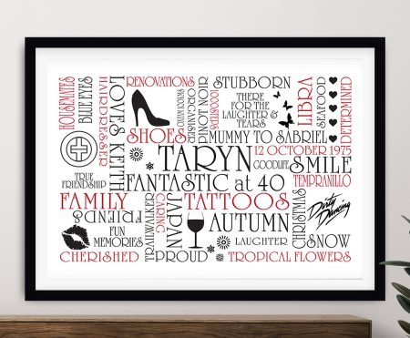 Personalised word art framed print, chosen words set in a bespoke typographic layout