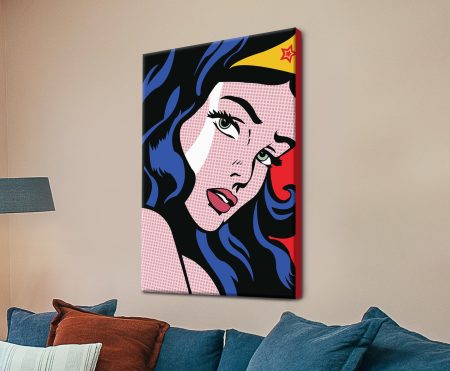 Comic-style Wonder Woman portrait in bold pinks, blues and red with halftone dots