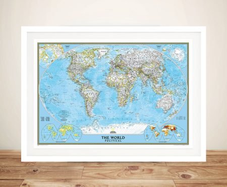 Canvas print of a world political map, bright colour on deep blue ocean