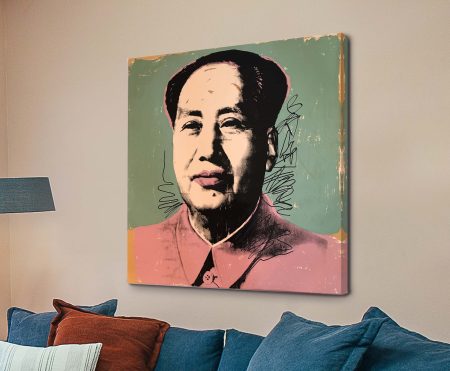 Warhol Mao pop portrait reissued as a square modern art print above a navy lounge