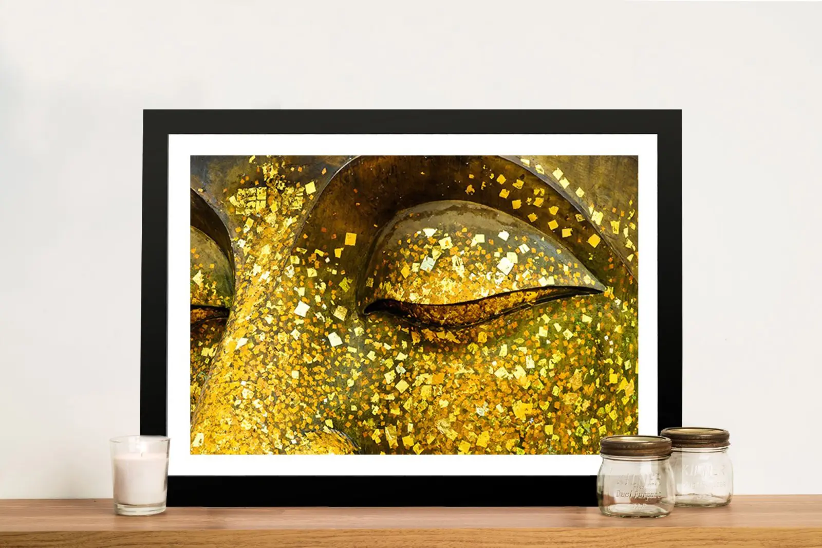 Golden Eyes spiritual Buddha canvas print — mystical golden gaze meditation and mindfulness wall art