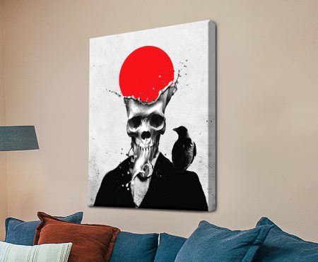 Splash Skull by Ali Gulec, a dramatic black and white skull with a perched raven and a vivid red Japanese sun