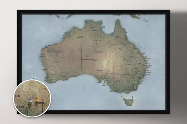 Cyan Australia push-pin map with custom words and a framed finish