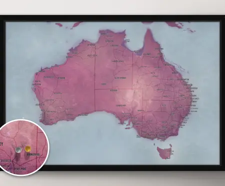Personalised Magenta Australia Push Pin Travel Map Print on Canvas