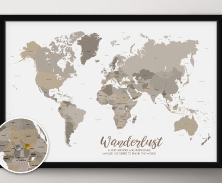 Push Pin World Map - Bronzed Canvas Wall Art