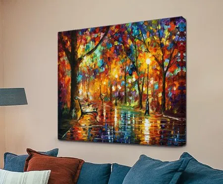 Colorful Night palette-knife canvas of a lamp-lit park path beneath vivid autumn trees