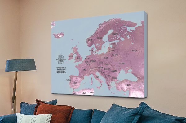 Map of Europe in magenta tones canvas print