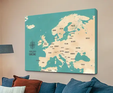 European Map on Canvas in Teal Tones