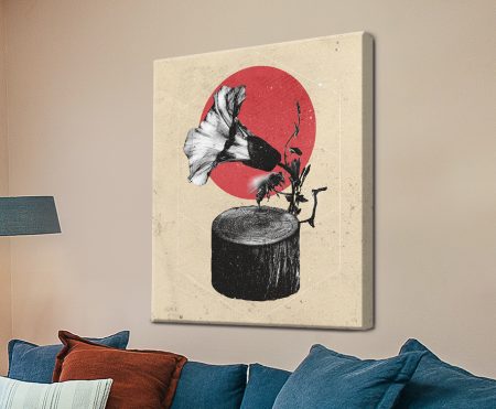 Gramophone by Ali Gulec, a surreal collage of a flower-shaped gramophone set against a vivid red sun on a soft cream background