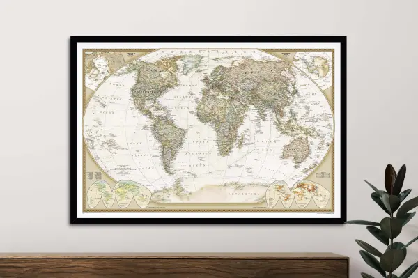 NatGeo push pin world map presented as a framed print with detailed National Geographic cartography