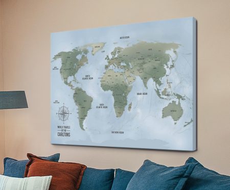 Cyan Custom World Map Art Canvas Print with Pins