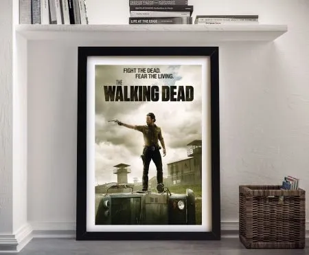 Framed canvas of The Walking Dead, moody dark palette for a games room