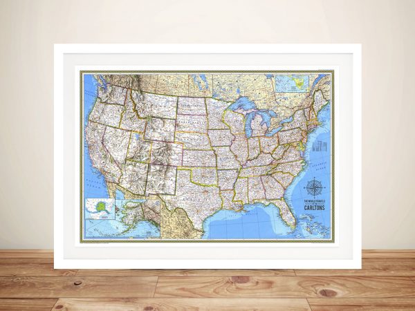 United States Map canvas print, detailed map of the USA in warm classic tones