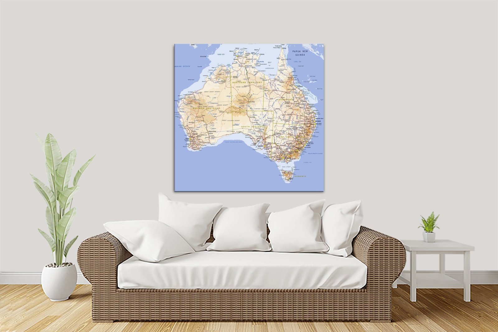 Canvas print of a decorative Australia atlas map showing states and coastlines.
