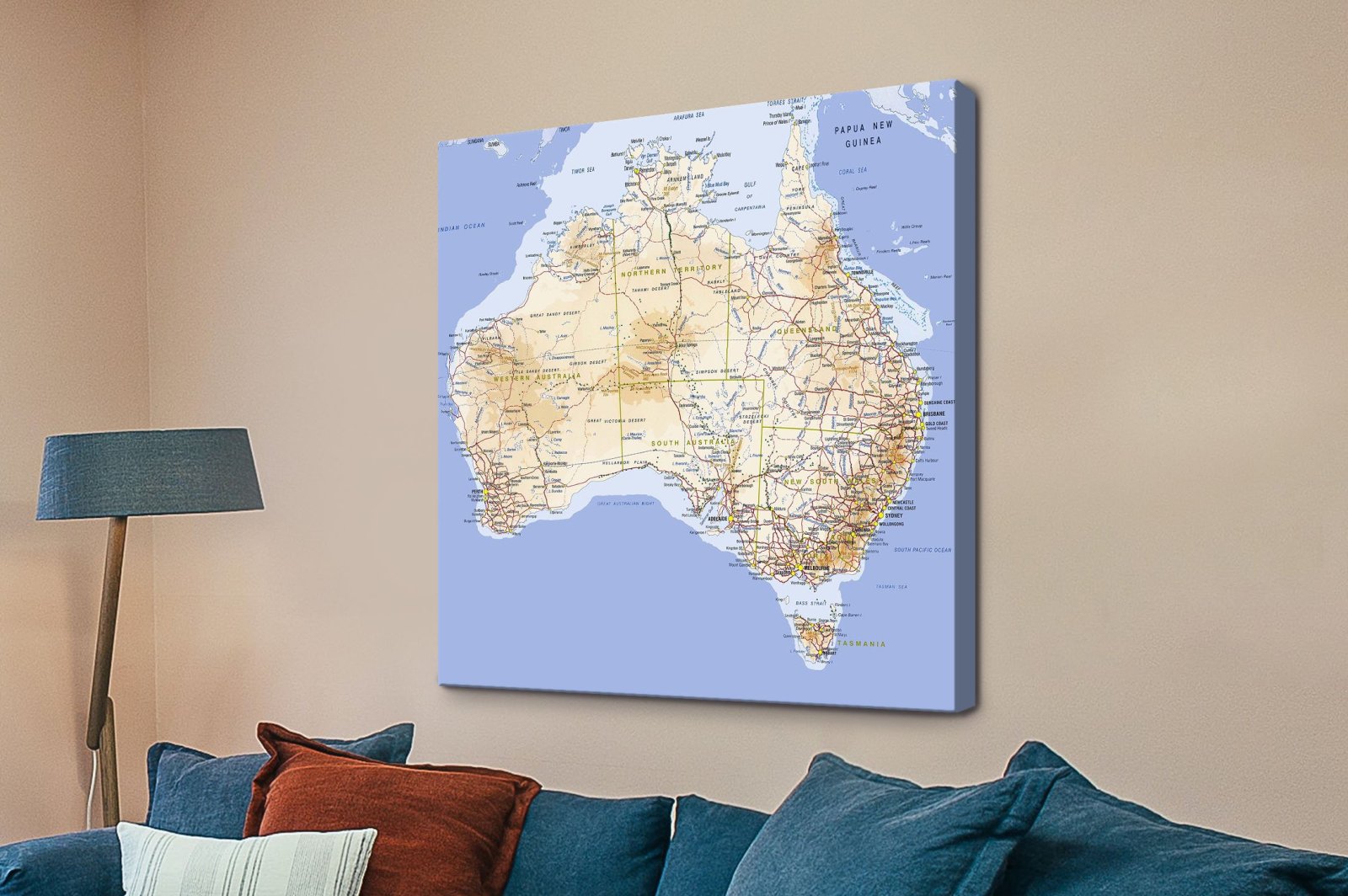 Canvas print of an atlas-style Australia map with coastlines and state boundaries.