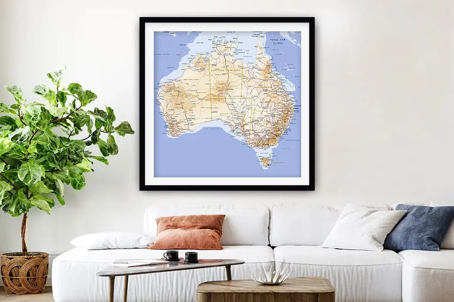 Framed print of a decorative Australia atlas map with states and coastlines.