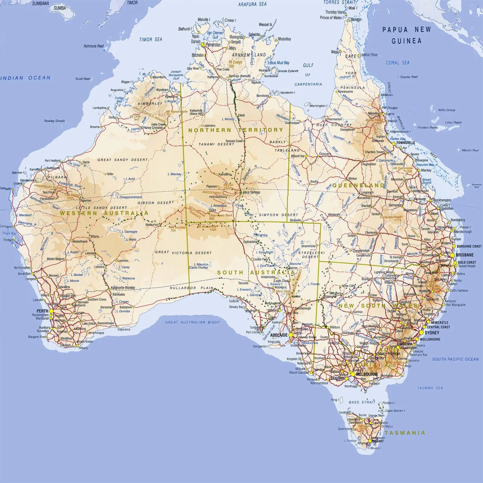 Australia Atlas map print, detailed cartographic map of Australia with towns and regions