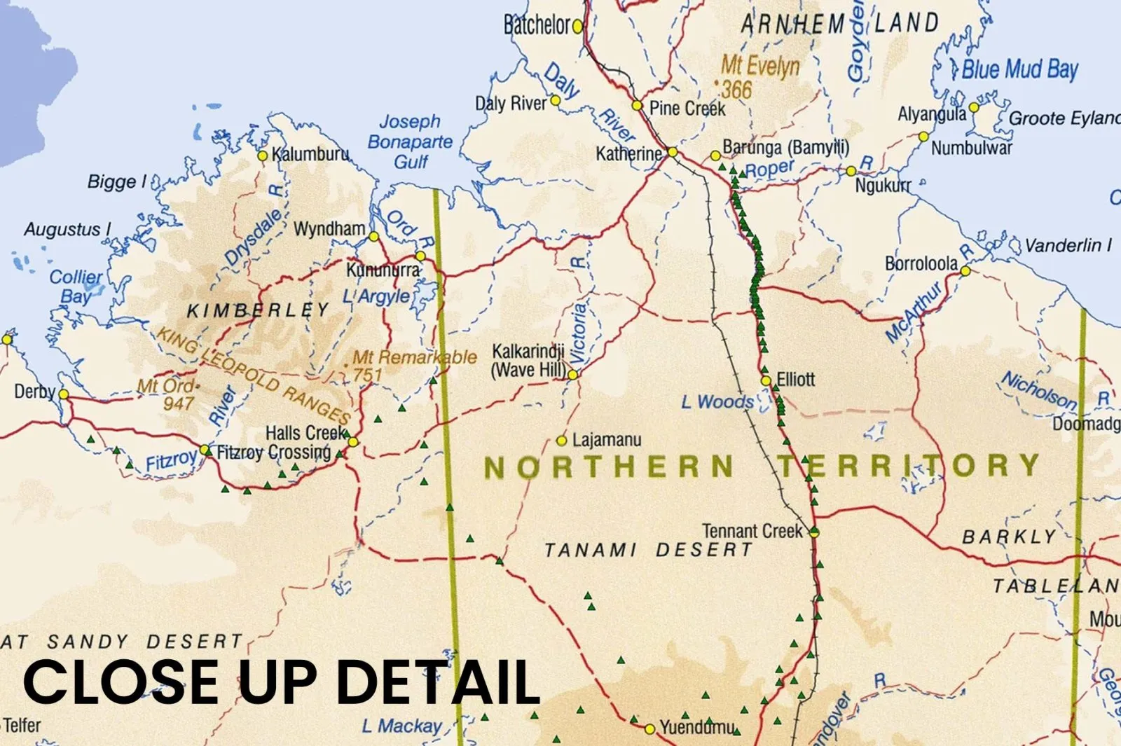Detail view of the Australia Atlas map, close crop of towns, borders and coastline