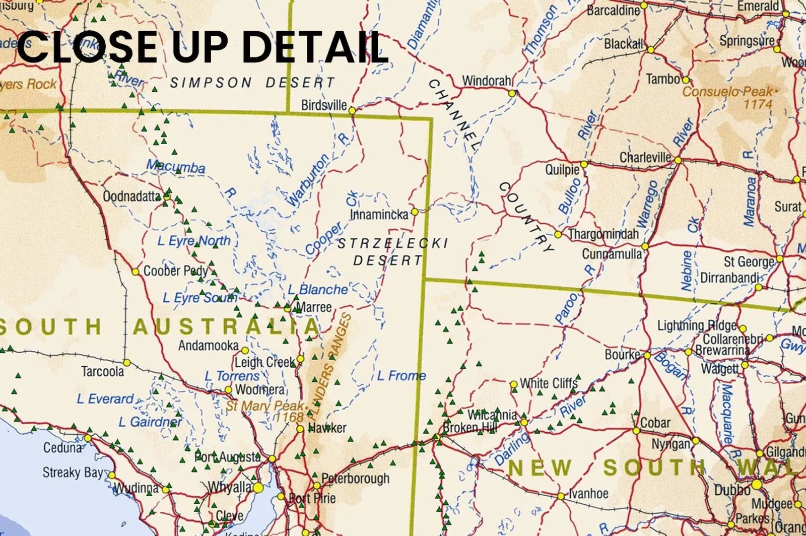 Close up of the Australia Atlas map, fine printed place names and regional lines